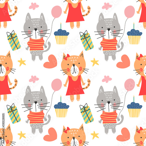 seamless pattern of birthday celebration elements - balloons, gifts, cake, cute cat. Greeting birthday card template. EPS