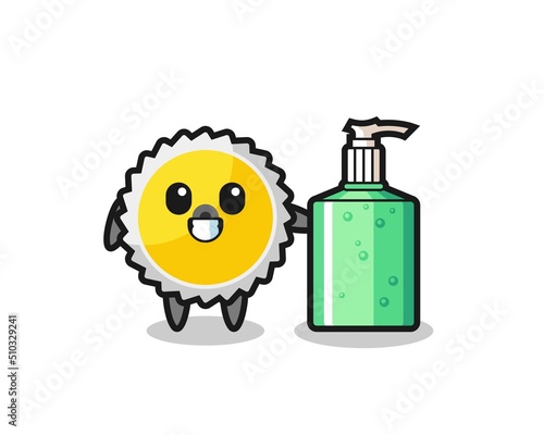 cute saw blade cartoon with hand sanitizer