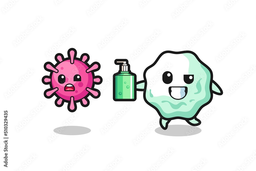 illustration of chewing gum character chasing evil virus with hand sanitizer