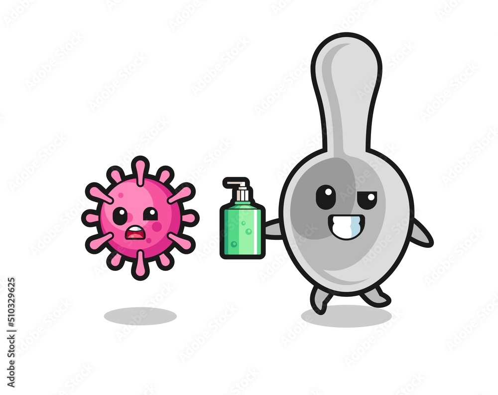 illustration of spoon character chasing evil virus with hand sanitizer illustration of spoon character chasing evil virus with hand sanitizer