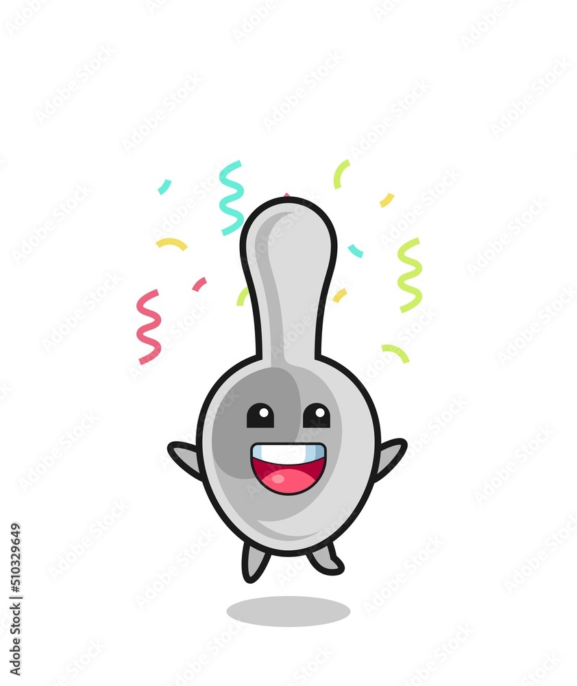 happy spoon mascot jumping for congratulation with colour confetti happy spoon mascot jumping for congratulation with colour confetti
