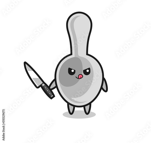 cute spoon mascot as a psychopath holding a knife