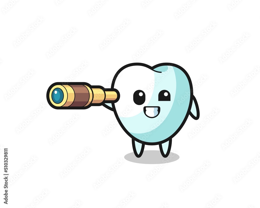 cute tooth character is holding an old telescope cute tooth character is holding an old telescope