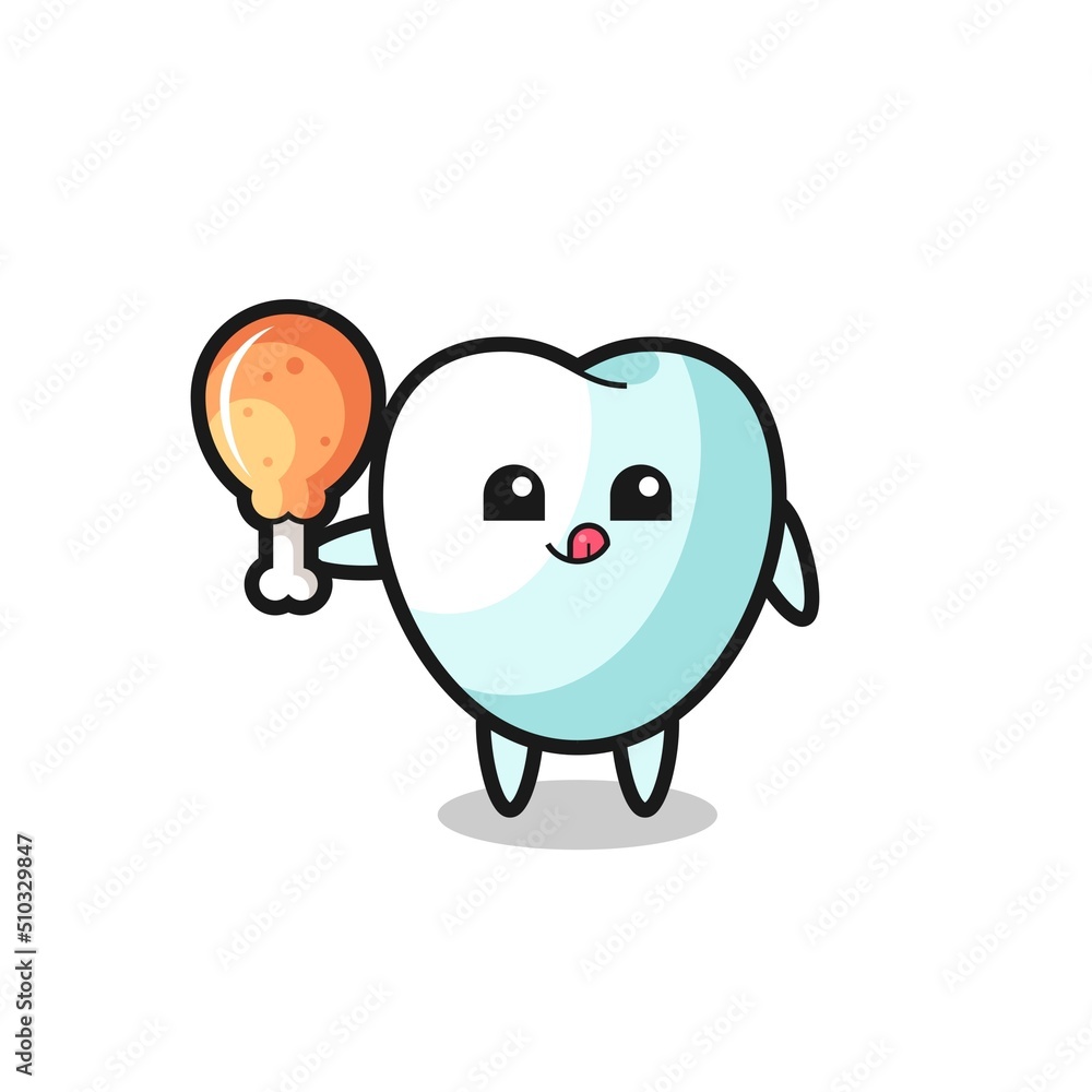 tooth cute mascot is eating a fried chicken tooth cute mascot is eating a fried chicken
