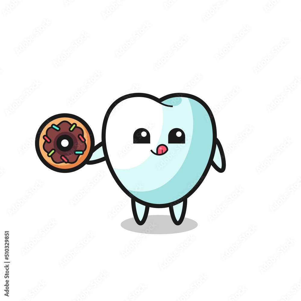 illustration of an tooth character eating a doughnut illustration of an tooth character eating a doughnut