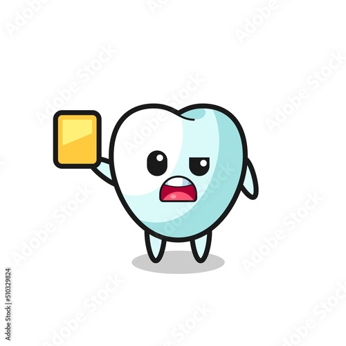 cartoon tooth character as a football referee giving a yellow card