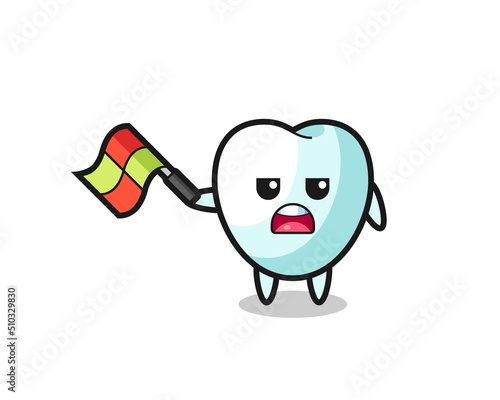 tooth cartoon as the line judge hold the flag up at a 45 degree angle
