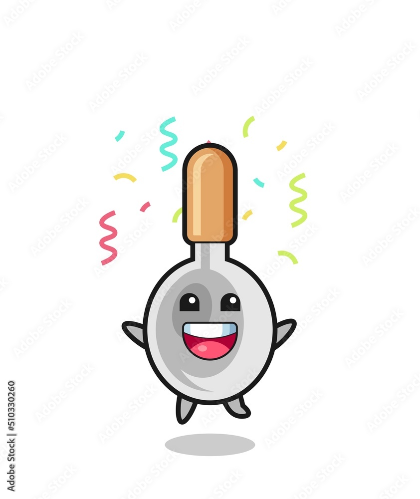 happy cooking spoon mascot jumping for congratulation with colour confetti happy cooking spoon mascot jumping for congratulation with colour confetti