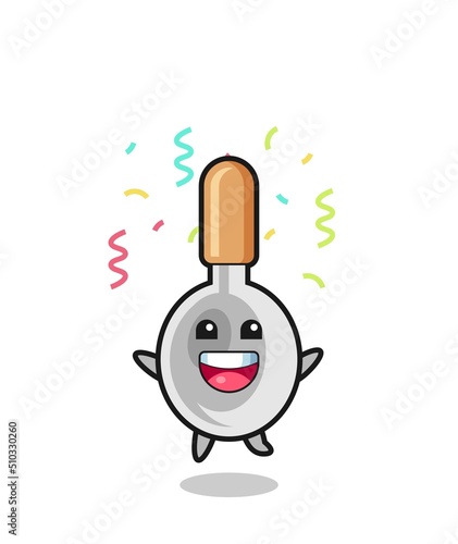 happy cooking spoon mascot jumping for congratulation with colour confetti