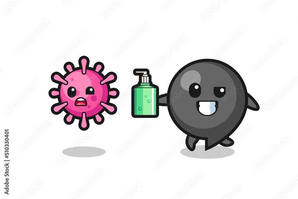 Fototapeta premium illustration of comma symbol character chasing evil virus with hand sanitizer