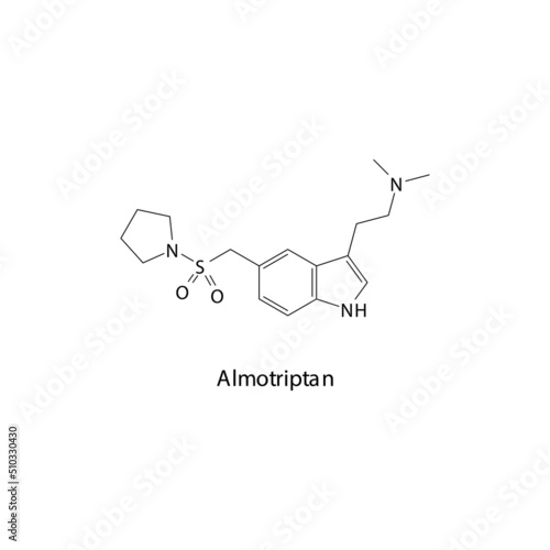 Almotriptan molecule flat skeletal structure, Triptan class drug used to treat migraine. Vector illustration.