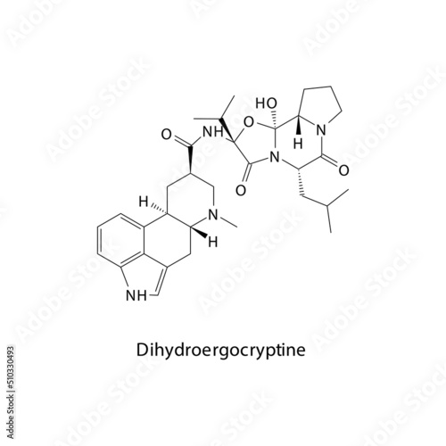 Dihydroergocryptine molecule flat skeletal structure  Ergot class drug used to treat migraine. Vector illustration.