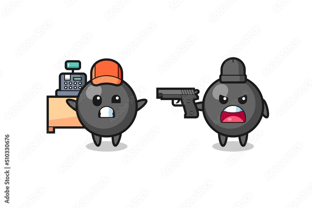 illustration of the cute dot symbol as a cashier is pointed a gun by a robber illustration of the cute dot symbol as a cashier is pointed a gun by a robber