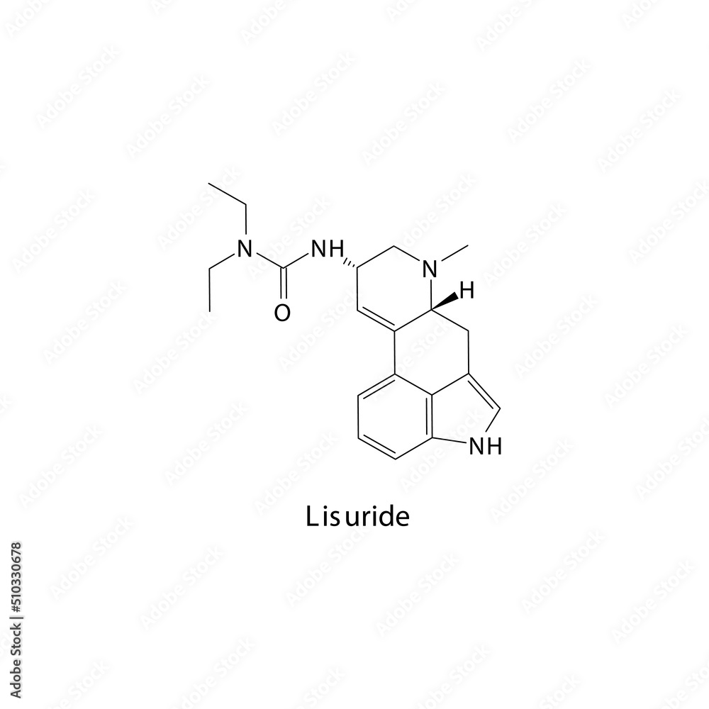 Lisuride molecule flat skeletal structure, Ergot class drug used to treat migraine. Vector illustration. Lisuride molecule flat skeletal structure, Ergot class drug used to treat migraine. Vector illustration.
