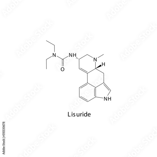Lisuride molecule flat skeletal structure, Ergot class drug used to treat migraine. Vector illustration.