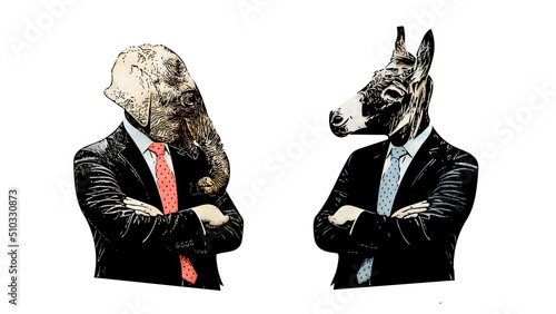 Graffiti style cartoon illustration of republican elephant mascot and democratic donkey mascot in a confrontation  photo