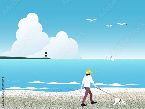 夏の浜辺を犬と散歩