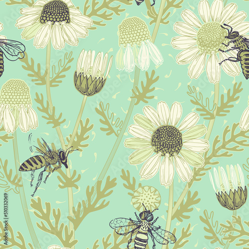 seamless background with chamomile and bees