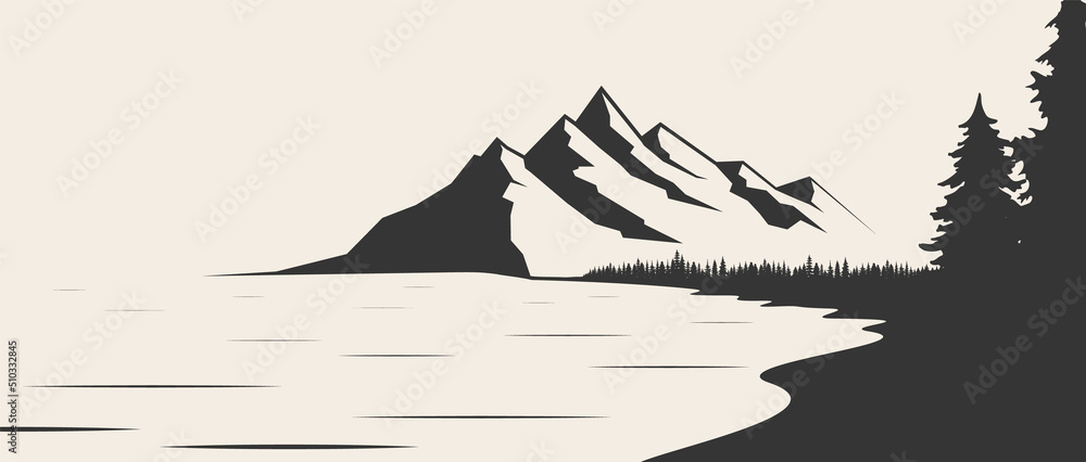 Mountain lake silhouette graphic art black white landscape illustration ...