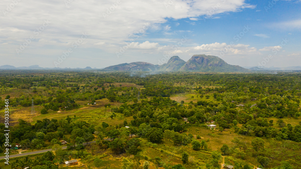 Valley with agricultural land surrounded by forest. Sri Lanka.