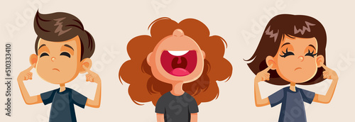 Girl Singing While Friends Cover their Ears Vector Cartoon Illustration. Annoying child screaming too loud making others uncomfortable
