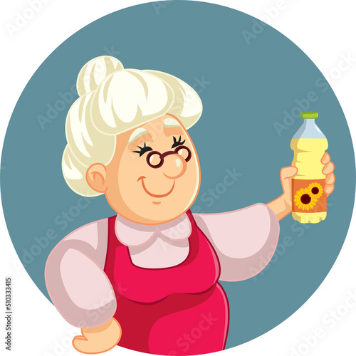 Senior Cook Holding a Bottle of Sunflower Oil Vector Cartoon Illustration. Cheerful granny presenting favorite cooking oil for homemade recipes 
