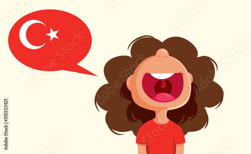 Funny Child Speaking Turkish Language Vector Cartoon Illustration. Happy cheerful student learning a new foreign language
 photo