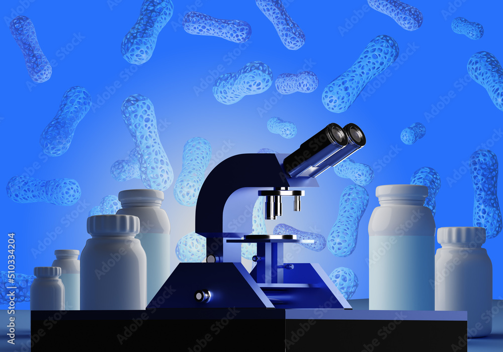 Examining probiotics under microscope. Yogurt bottles. Concepts of
