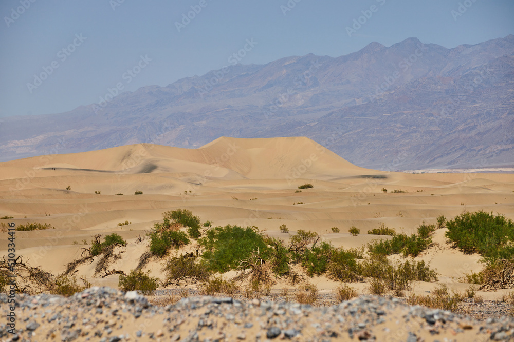 Sand dunes in Death Valley surrounded by mountains