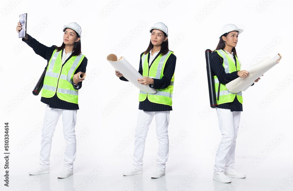 Full length 20s young Asian Woman client engineer architect, working hard thinking Full length 20s young Asian Woman client engineer architect, working hard thinking
