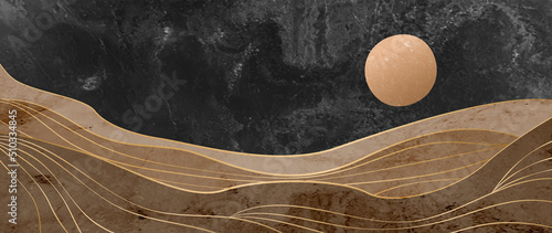 Luxury landscape black and white art background with mountains or waves in beige and gold. Vector watercolor banner for decor, interior design, wallpaper, print