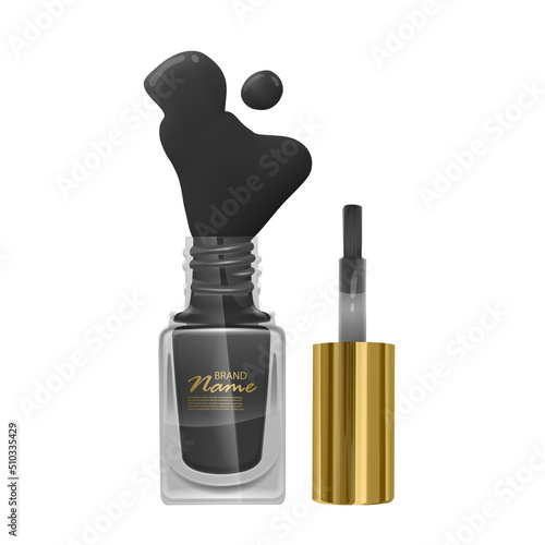 Red nail Polish spilled from the bottle.3D realistic detailed mockup. Beauty and cosmetics background. Vector format
