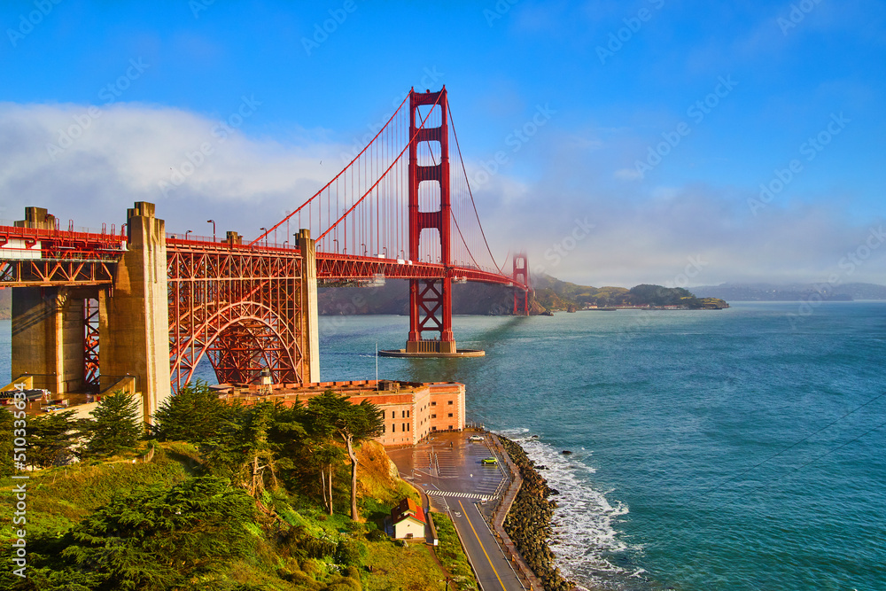 San Francisco's iconic Golden Gate Bridge on foggy morning
