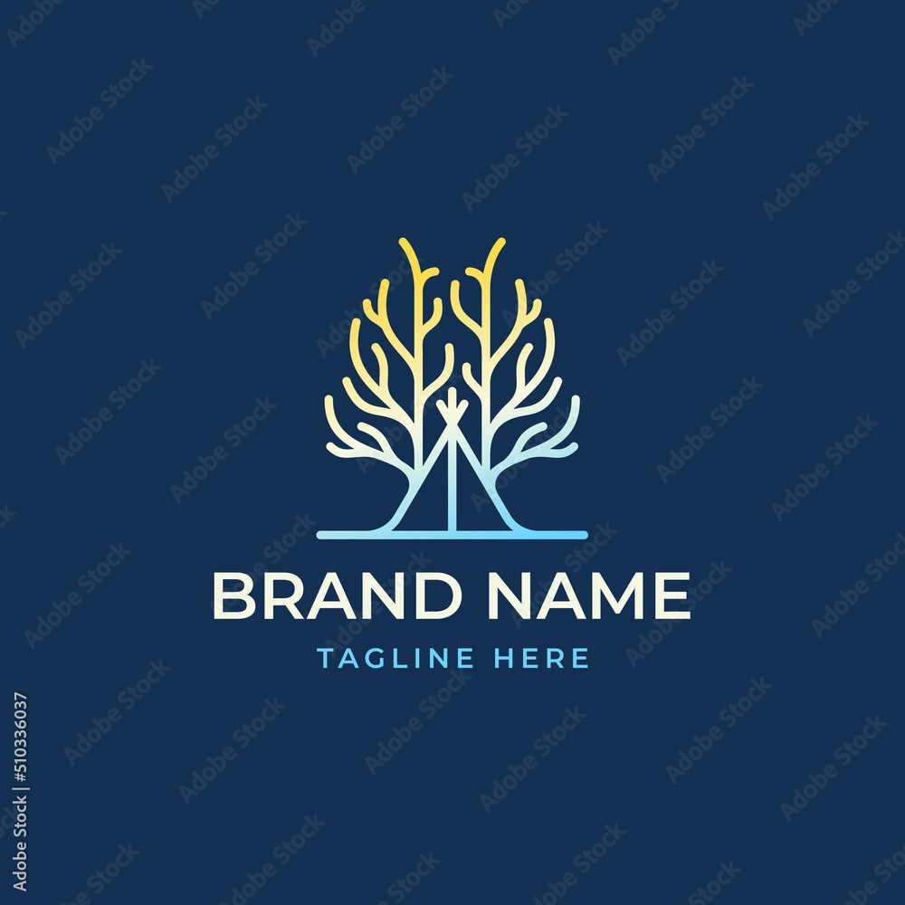 lineart tree and tent logo design