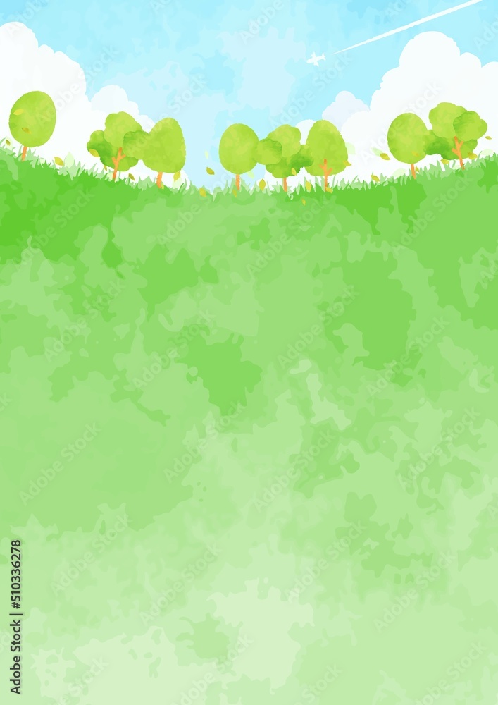 森林と青空の手描きの風景イラスト