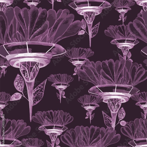 pattern fairy tale flower and spaceship, on a dark background for your seamless design	