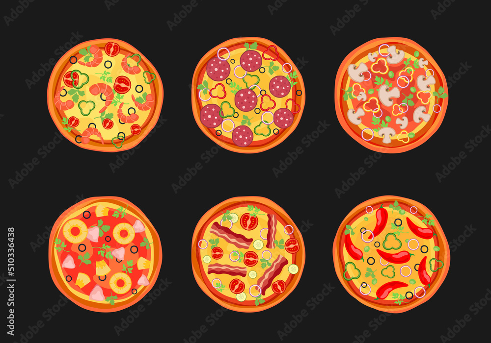 Pizza, pizza set on ablack background, pepperoni, carbonara, italian pizza