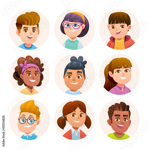 Cute children avatar characters collection. Boy and girl avatars in cartoon style