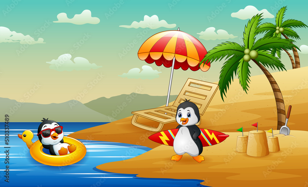 Summer vacation background with penguins having at the beach