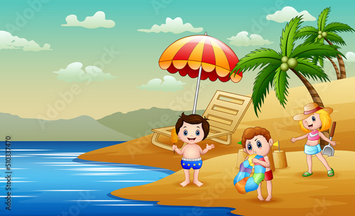 Vector illustration of children playing at the beach 