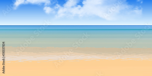 View of the sandy beach of the sea, summer background. Blue sky, sea and yellow sand.