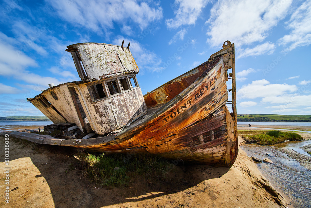 Sandy California beaches with large abandoned Point Reyes Shipwreck