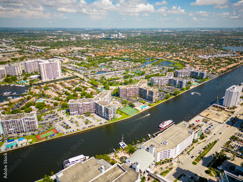 Fototapeta premium Aerial photo Towers of Oceanview Leslie Drive Three Islands Hallandale Beach FL