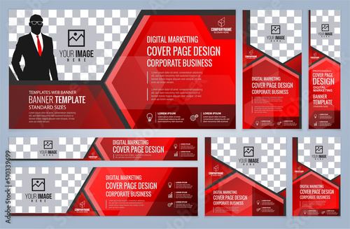 Set of Red Web banners templates, Coverpage Standard sizes with space. Vector illustration