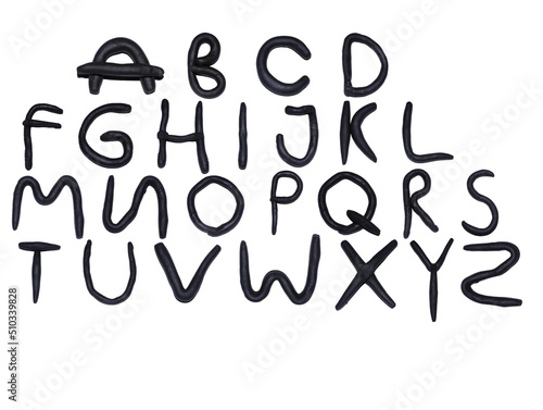 Plasticine english alphabet A-Z. black
handmade latin letters isolated on white background.