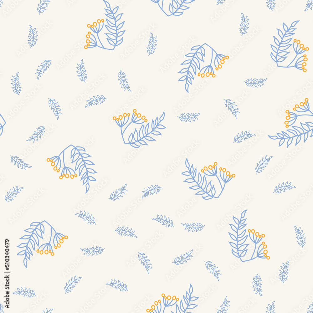 Floral pattern for bed linen textile. Unique seamless ornament of outline yellow berries. Mix doodle on retro style light background. Simple art design pattern for textile, fabric and print. Vector Floral pattern for bed linen textile. Unique seamless ornament of outline yellow berries. Mix doodle on retro style light background. Simple art design pattern for textile, fabric and print. Vector