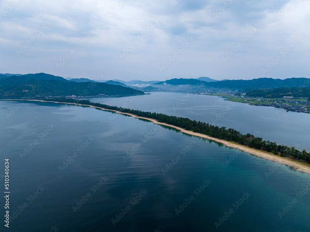 Aerial view of Amanohashidate land bridge in coastal Kyoto