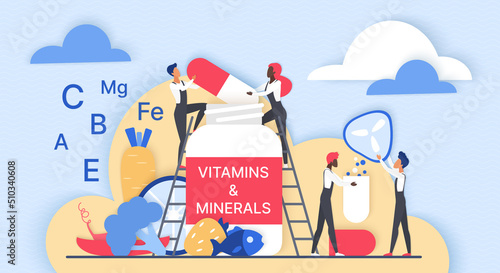 Dietary supplement of vitamins and minerals. Tiny people holding capsule from bottle for nutrition alternative therapy and diet flat vector illustration. Online pharmacy store, therapy concept