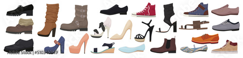 Casual different shoes set for walking men and women vector illustration. Cartoon footwear collection with boots, loafers, canvas sneakers with laces isolated on white. Accessories, fashion concept