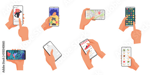 Human hands hold mobile phone with different online content on screen set vector illustration. Cartoon millennial people shopping, using social media, video chat and map apps isolated on white